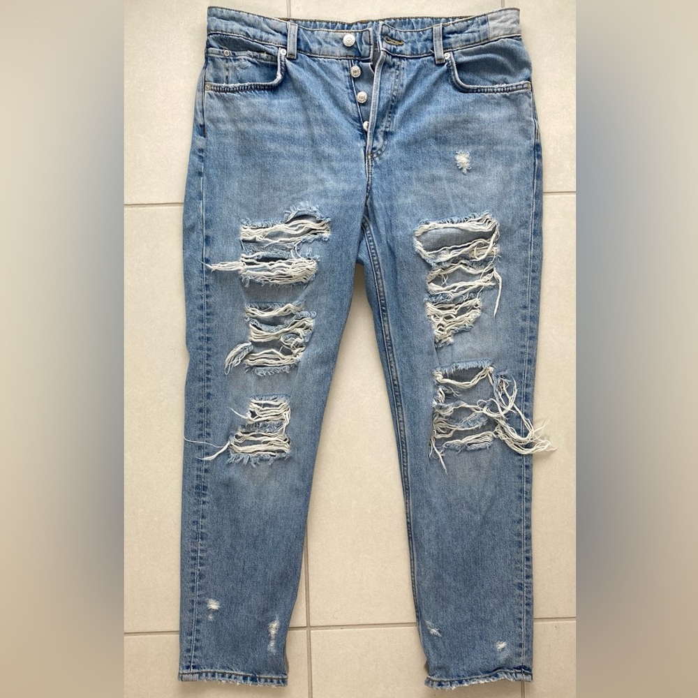 &Denim High‑Rise Distressed Blue Jeans – Button Fly Rigid Denim | Sz ~10
